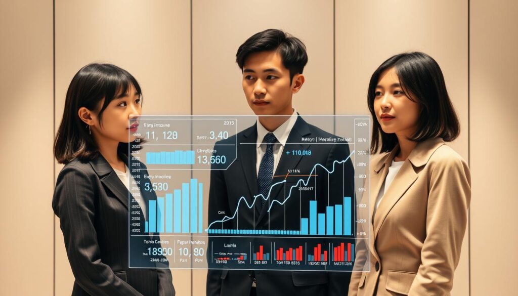 A dynamic data visualization illustrating the income trends of full-time Japanese copywriters. A trio of young, dark-haired Japanese professionals dressed in formal business attire stand before a sleek, minimalist backdrop. Their facial expressions reflect contemplation as they examine a large holographic chart displaying detailed income statistics and graphs. Soft, warm lighting accentuates the subjects, creating an atmosphere of analytical focus. The scene is captured through a medium-wide angle lens, conveying a sense of professional authority and expertise.