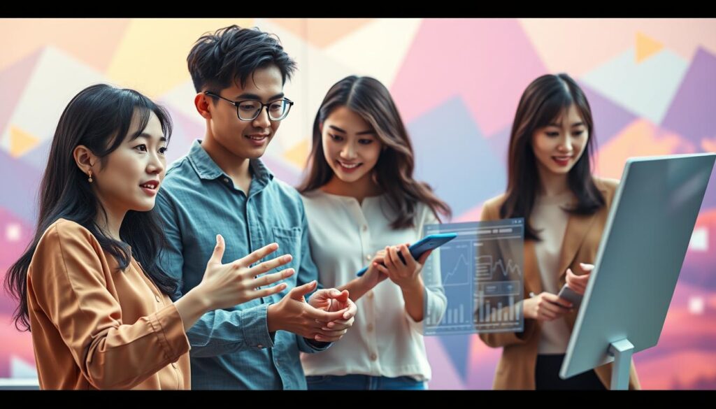 A dynamic digital marketing strategy unfolds, showcasing a team of young, Japanese-inspired models. In the foreground, a woman gestures with purpose, her eyes alight with digital insights. Beside her, a man scrutinizes analytics on a sleek, futuristic interface. In the middle ground, another pair collaborates, their expressions focused as they plan social media campaigns. The background is a vibrant landscape of geometric shapes and vivid colors, evoking the digital realm. Soft, natural lighting bathes the scene, creating an atmosphere of innovation and progress.