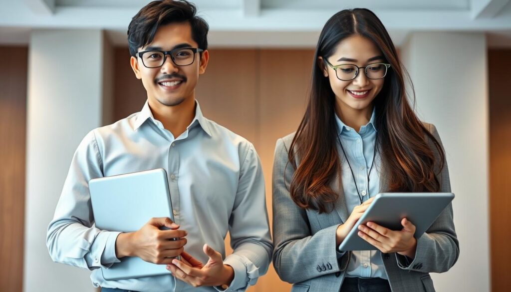 A dynamic duo of young Japanese professionals showcased in a realistic photographic style. In the foreground, a project manager stands tall, projecting a confident and organized demeanor, laptop in hand, ready to lead the charge. Beside them, an IT consultant exudes an analytical, problem-solving aura, fingers tapping on a tablet as they converse. The background blurs, keeping the focus on the contrasting roles and skill sets of these two vital contributors to a successful project. Soft, directional lighting illuminates their faces, highlighting their determination and expertise. This comparative scene captures the unique perspectives and responsibilities that define a project manager and an IT consultant, vital components in any technology-driven endeavor.