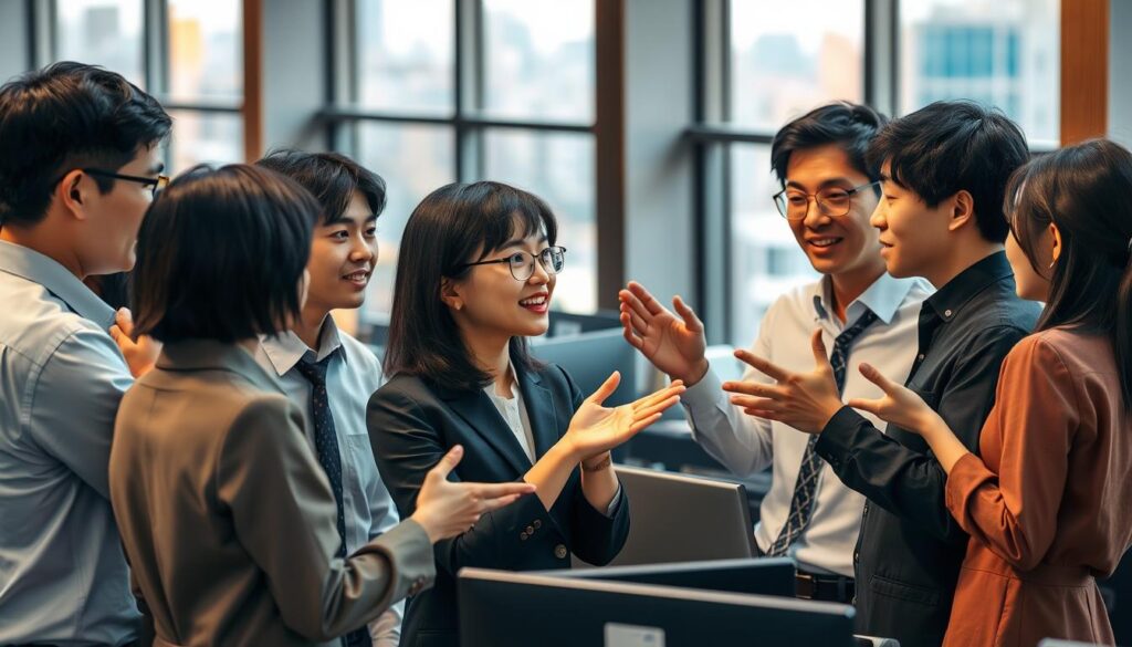 A dynamic group of Japanese professionals engaged in a lively discussion, set against a backdrop of a bustling office environment. The scene is illuminated by warm, natural lighting that casts a soft glow, creating an atmosphere of productivity and collaboration. The facilitators, dressed in formal attire, gesticulate animatedly as they guide the conversation, their youthful features and black hair suggesting a modern, diverse workforce. The middle ground is filled with a cluster of desks and office equipment, while the background features a blurred cityscape visible through large windows, hinting at the broader market trends and demand for their services.