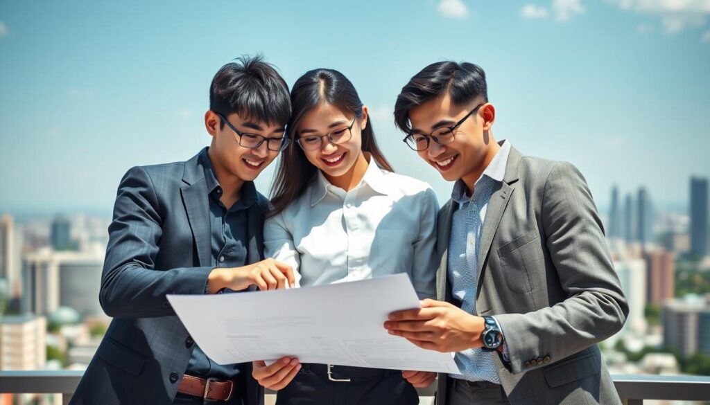 A dynamic group of three young, Japanese-looking professionals in casual business attire, captured in a mid-shot against a blurred backdrop of urban skyscrapers and a vibrant cityscape. Soft, natural lighting highlights their engaged expressions as they collaborate on a technical project, with a sense of international collaboration and innovation. The scene conveys a mood of productive teamwork and global ambition, reflecting the versatility and impact of technical directors in the sports industry, both in Japan and abroad.