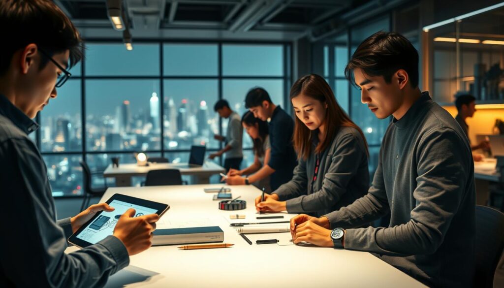 A dynamic industrial design studio with a team of young, talented Japanese designers. The foreground showcases a designer sketching concepts on a tablet, their focus intense as they envision the next breakthrough product. In the middle ground, colleagues collaborate around a sleek, minimalist workbench, discussing ideas and refining prototypes under the warm glow of task lighting. The background reveals a panoramic view of the city skyline, hinting at the boundless opportunities and global reach of their industry. Crisp, realistic rendering with a sense of energy and purpose, capturing the essence of an industrial designer's career progression.