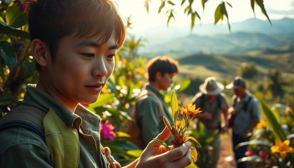 A dynamic, realistic portrait of a young, Japanese-looking plant hunter navigating their career path. The scene depicts them outdoors, surrounded by lush, tropical foliage and vibrant flowers. Sunlight filters through the canopy, casting a warm, golden glow on the subject's face as they carefully examine a rare plant specimen. Their expression conveys a sense of focused determination and scientific curiosity. The middle ground features additional plant hunters collaborating and sharing knowledge, while the background showcases a picturesque landscape of rolling hills and distant mountains. The overall atmosphere evokes a sense of discovery, adventure, and the pursuit of botanical knowledge.