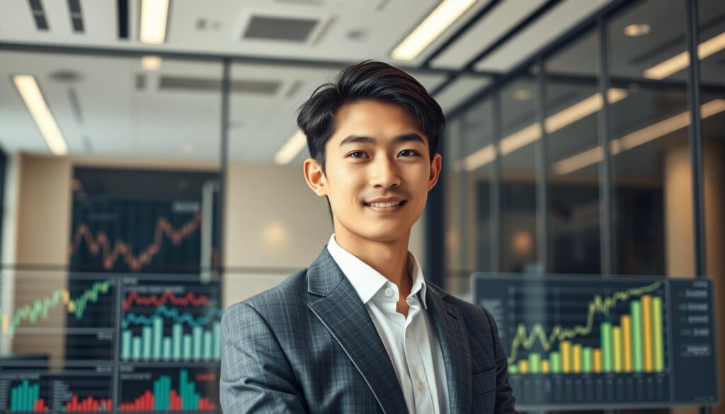 A dynamic scene depicting the career growth process of a foreign exchange dealer. In the foreground, a young, sharp-featured Japanese-looking individual stands confidently, dressed in a tailored suit, representing the professional progression. The middle ground showcases various financial charts and graphs, symbolizing the analytical skills and market knowledge required. In the background, a sleek, contemporary office environment with glass walls, conveying the high-paced, technology-driven nature of the industry. The lighting is crisp and focused, creating a sense of ambition and determination. The overall mood is one of success, accentuated by the youthful, driven expression of the central figure.