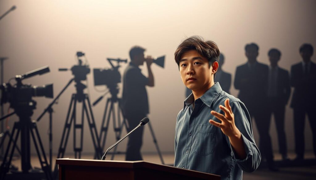 A dynamic scene depicting the career path of a director. In the foreground, a young, serious-looking Japanese individual stands at a podium, gesturing with authority. Behind them, a mid-ground showcases various filmmaking equipment, including a camera, boom mic, and lighting setup, conveying the technical aspects of the director's role. In the background, a series of silhouetted figures represent the progression of a director's career, from an assistant director to a seasoned, acclaimed auteur. The lighting is dramatic, with soft shadows and highlights that create depth and a sense of cinematic grandeur. The overall atmosphere is one of focus, determination, and the pursuit of artistic excellence in the filmmaking industry.
