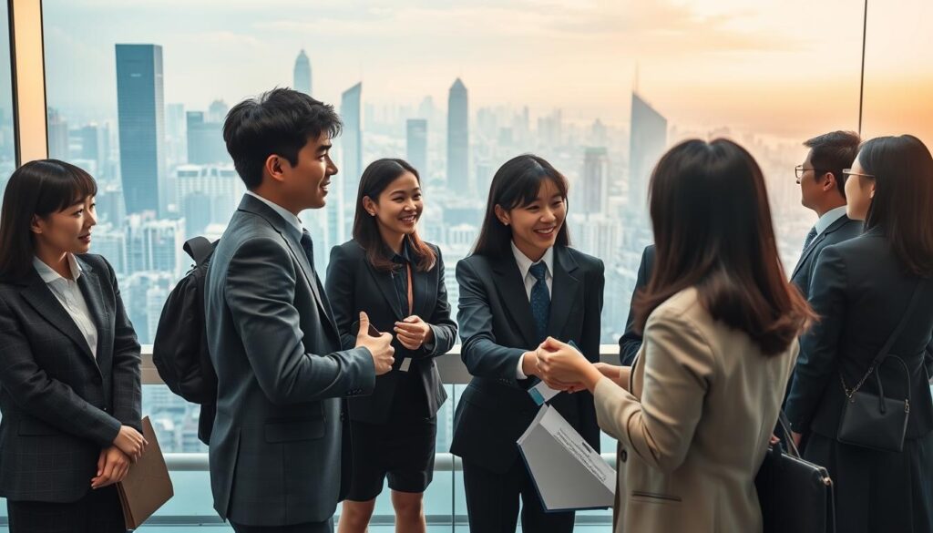 A dynamic scene depicting the competitive project manager job market in Japan. In the foreground, young, professional-looking Japanese individuals in business attire are engaged in lively discussions, handshakes, and interviews, conveying a sense of active recruitment. The middle ground features a bustling city skyline with modern high-rise buildings, hinting at the thriving business environment. The background is softly lit, creating a warm, inviting atmosphere that suggests opportunity and growth within the project management field. The overall composition emphasizes the vibrant, contemporary nature of the Japanese project manager employment landscape.