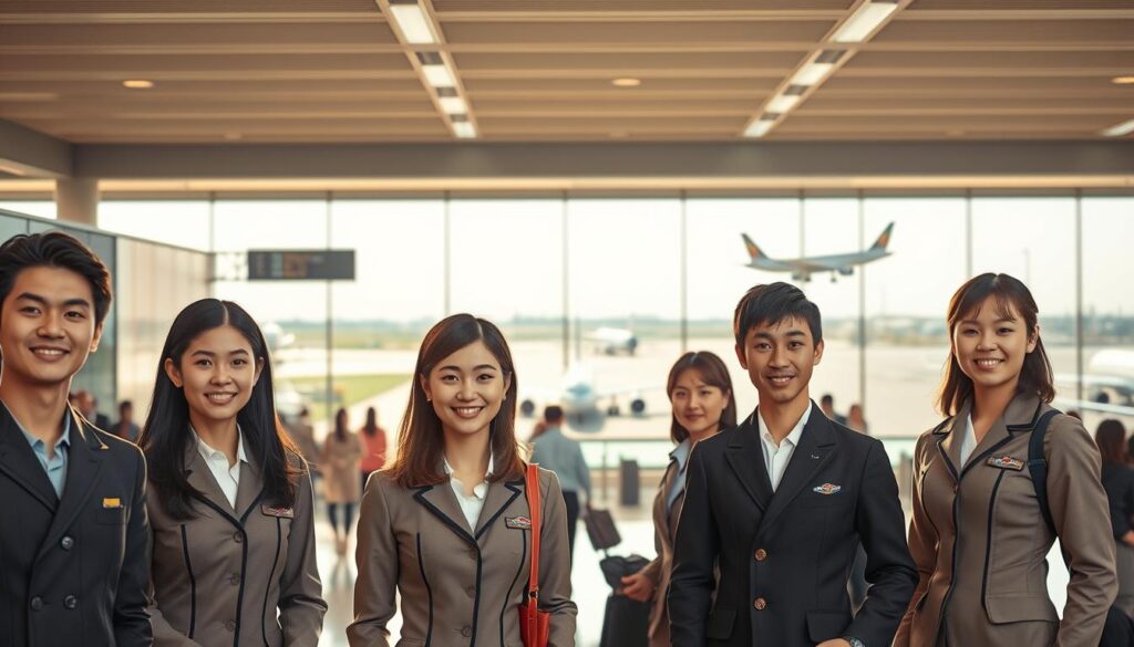 A dynamic scene depicting the promising future of the flight attendant profession. Set in a modern, well-lit airport terminal, the foreground features a diverse group of young, professional-looking Japanese individuals in crisp, tailored uniforms, conveying a sense of poise and competence. In the middle ground, passengers move through the bustling terminal, showcasing the constant demand for skilled flight attendants. The background provides a sweeping view of the tarmac, with sleek commercial airliners taking off and landing, symbolizing the industry's growth and expansion. The lighting is warm and natural, creating a welcoming, aspirational atmosphere that captures the excitement and potential of a career as a flight attendant.