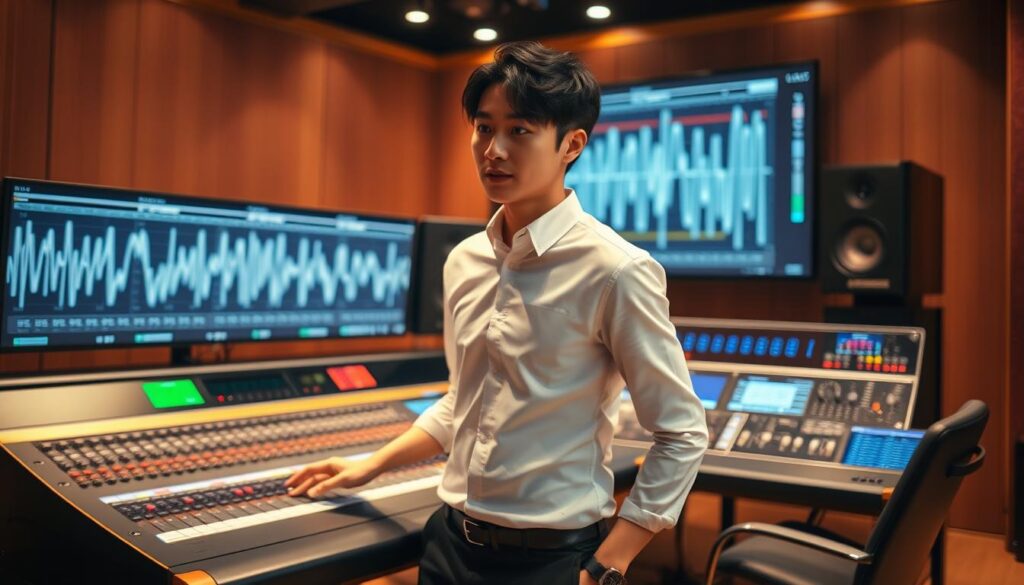A dynamic scene of a digital-age mastering engineer, with a young Japanese-looking model dressed in a crisp white button-up shirt and dark trousers, standing before a sleek, high-tech mixing console. The model's face is focused, their hands deftly manipulating the various knobs and sliders, surrounded by a warm, diffused lighting that casts a subtle glow. In the background, a large display screen shows intricate waveforms and audio visualization, conveying the engineer's deep understanding of the technical complexities of sound engineering. The overall atmosphere is one of professionalism, expertise, and the seamless integration of human skill and digital technology, capturing the evolving role of the mastering engineer in the modern era.