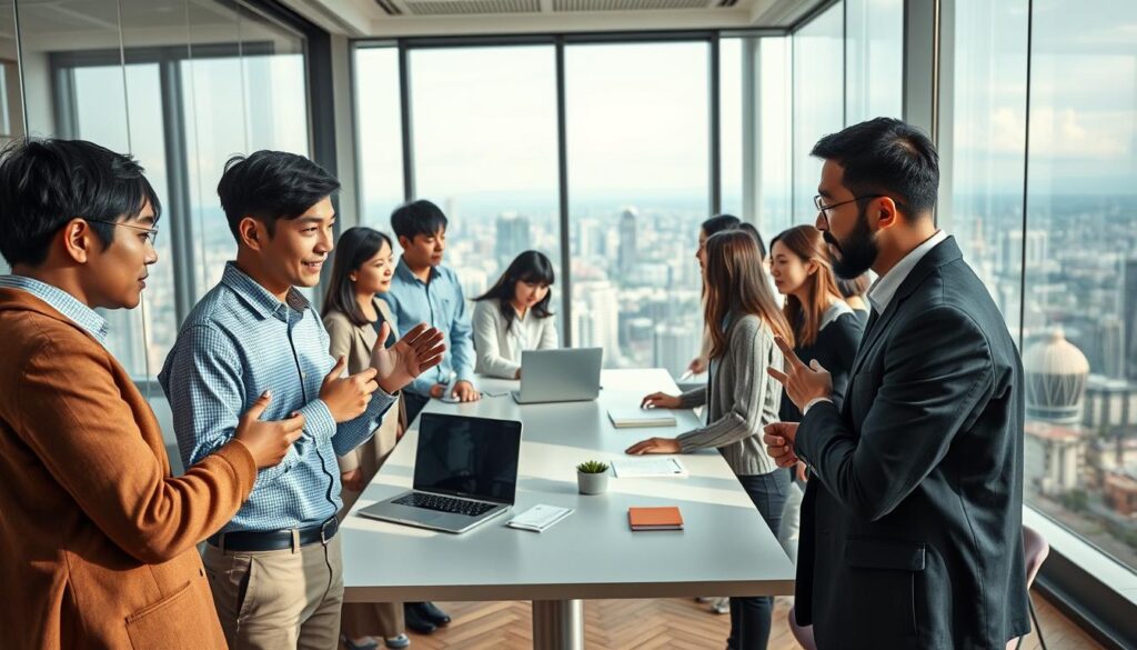 A dynamic scene of a diverse group of young Japanese professionals gathered in a modern office setting, examining career opportunities and discussing their ambitious futures as commissioners. The foreground features three individuals engaged in animated conversation, gesturing with purpose as they consider potential paths forward. In the middle ground, a larger group collaborates around a sleek conference table, laptops and documents in hand, projecting an air of focus and determination. The background showcases an expansive city skyline visible through floor-to-ceiling windows, hinting at the vast possibilities and growth potential that await these rising leaders. Soft, directional lighting casts a warm, professional glow over the entire scene, capturing the mood of optimism and aspiration.