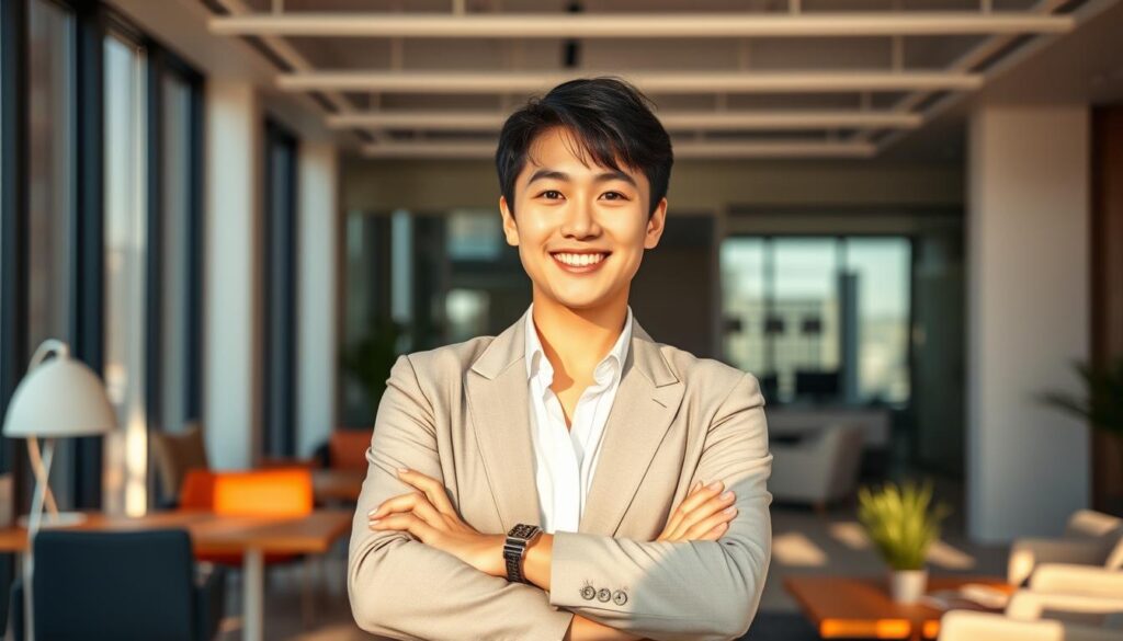 A dynamic scene of a young, professional Japanese-looking consultant, standing confidently in a modern office setting. The consultant's expression exudes a sense of determination and optimism, reflecting the promising future of the tourism consulting industry. Warm, natural lighting illuminates the scene, creating a pleasant, inviting atmosphere. The background features minimalist, sleek furnishings and architectural elements, emphasizing the consultant's expertise and the industry's forward-looking nature. The overall composition conveys a sense of growth, innovation, and the endless possibilities awaiting aspiring tourism consultants.
