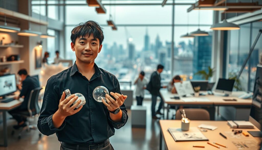 A dynamic scene of an industrial designer's career progression. In the foreground, a young Japanese-looking professional stands confidently, showcasing innovative product designs. The middle ground reveals a well-equipped design studio, with sleek workstations, cutting-edge tools, and a team collaborating on conceptual sketches. The background depicts a bustling urban landscape, hinting at the designer's engagement with the ever-evolving industrial landscape. Warm lighting casts a contemplative glow, capturing the designer's determination and the potential for growth within this dynamic field. The overall atmosphere conveys a sense of momentum, innovation, and the rewarding journey of an industrial designer's career development.