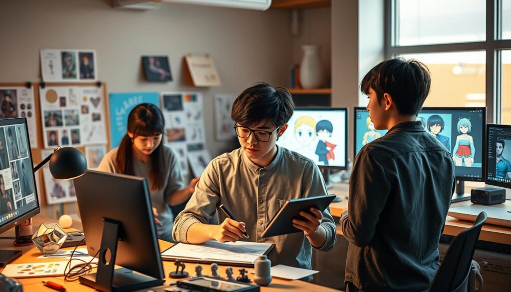 A dynamic scene of the Japanese character design market, featuring a trio of talented young designers collaborating in a modern, well-lit studio. The focal point is a central designer sketching intently on a digital tablet, surrounded by mood boards, color palettes, and 3D models on their workstations. In the background, two other designers review digital illustrations on their screens, engaged in lively discussion. Warm, diffused lighting accentuates the collaborative atmosphere, conveying a sense of the industry's growth and future potential. The scene embodies the passion, innovation, and camaraderie inherent in the character design profession.