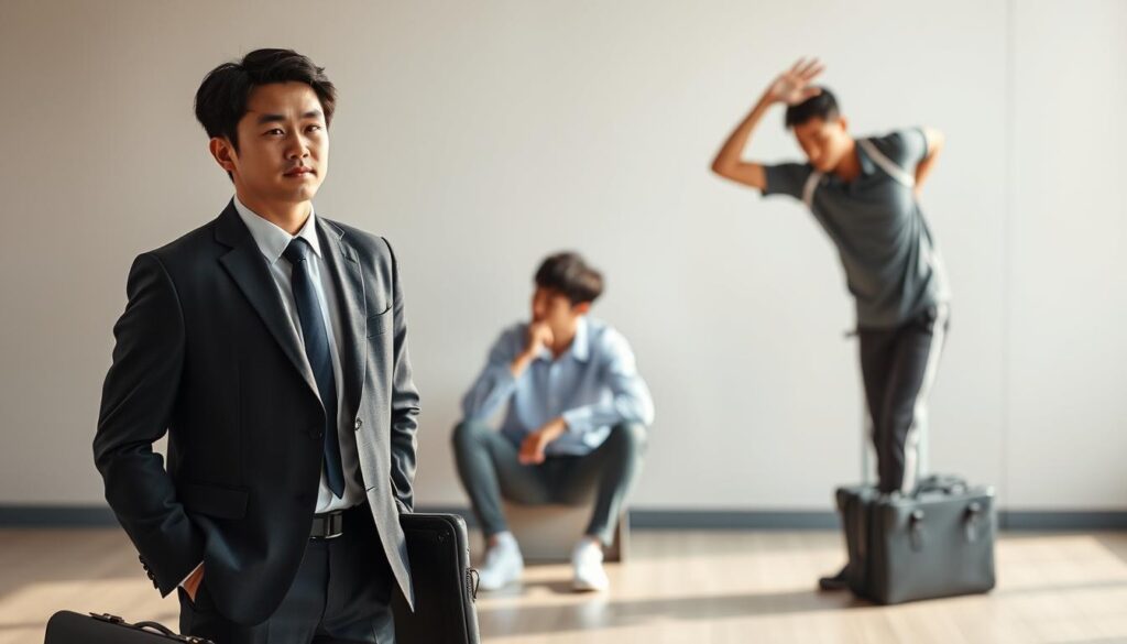 A dynamic scene of three young Japanese-looking individuals, each at a different stage of a career transition. In the foreground, a person in a suit stands with a determined expression, holding a briefcase and preparing to embark on a new path. In the middle ground, another person in casual attire sits thoughtfully, contemplating their next move. In the background, a third person in athletic wear stretches, symbolizing the physical and mental preparation required for a career change. Soft, natural lighting illuminates the scene, creating a sense of reflection and introspection. The composition captures the pivotal moment of these individuals embarking on a journey of professional reinvention.