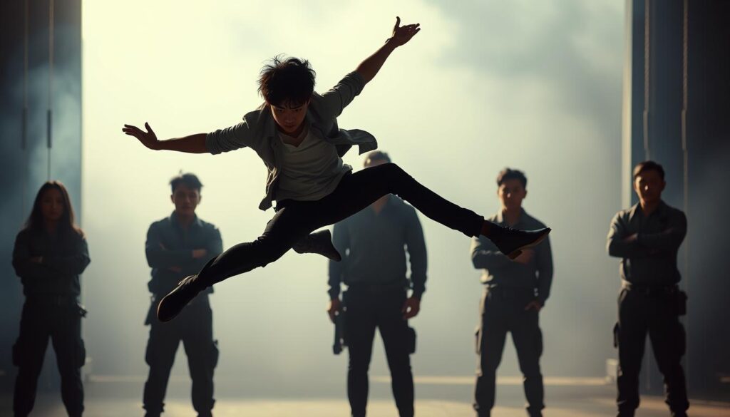 A dynamic scene showcasing the essential qualities of a stunt performer. In the foreground, a young Japanese-looking model deftly executes a high-flying acrobatic maneuver, their lithe form silhouetted against a softly illuminated backdrop. The middle ground features a team of colleagues, each with an intense, focused expression, ready to support and coordinate the stunt. The background imparts a sense of cinematic grandeur, with dramatic lighting and a slightly blurred perspective, conveying the high-stakes nature of the profession. The overall atmosphere exudes a captivating blend of athleticism, teamwork, and the unwavering dedication required to be a skilled stunt performer.