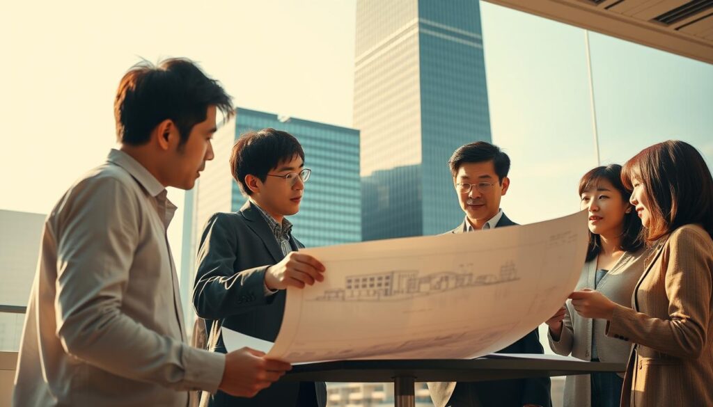 A dynamic scene showcasing the path to becoming an architect in Japan. In the foreground, a group of young, aspiring architects earnestly discuss blueprints and architectural renderings, their expressions conveying determination and focus. In the middle ground, a professor provides guidance, gesturing towards a large, detailed model of a modern building. Behind them, a towering skyscraper casts dramatic shadows, symbolizing the aspirations and challenges of the architectural profession. The lighting is warm and natural, creating a sense of ambition and possibility. The overall composition suggests the rigor, dedication, and sense of purpose required to obtain the coveted architect's license in Japan.