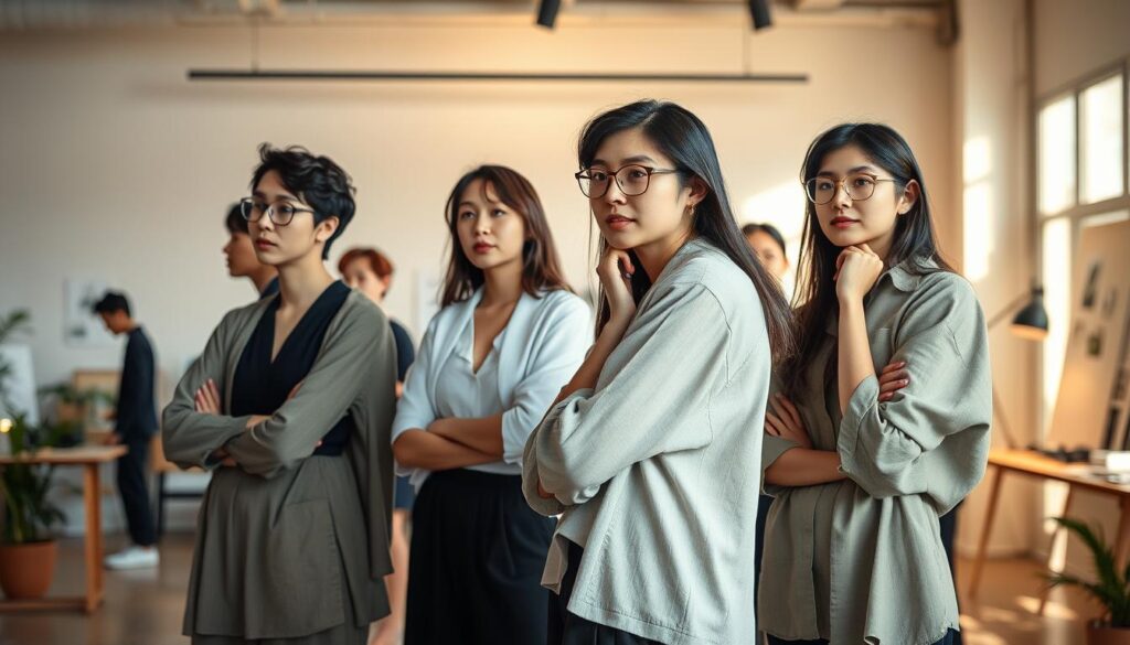 A dynamic team of young, Japanese-inspired designers in an artfully lit studio, exploring a range of disciplines from fashion and product design to digital interfaces and urban planning. Sleek silhouettes, thoughtful gestures, and a palpable creative energy fill the frame, capturing the multifaceted nature of the design profession. Soft shadows and warm hues lend a sense of sophistication, while the models' focused expressions convey the focus and dedication required for this rewarding career path.