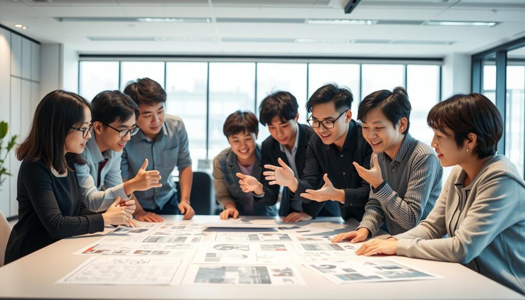 A dynamic team of young Japanese-looking art directors huddle around a large table, meticulously reviewing design concepts and progress reports. Soft, directional lighting illuminates their focused expressions as they gesture animatedly, guiding the creative workflow. In the background, a sleek, minimalist office space with floor-to-ceiling windows provides an inspiring backdrop. The atmosphere is one of intense collaboration and problem-solving, as the directors navigate the intricate details of their current project.