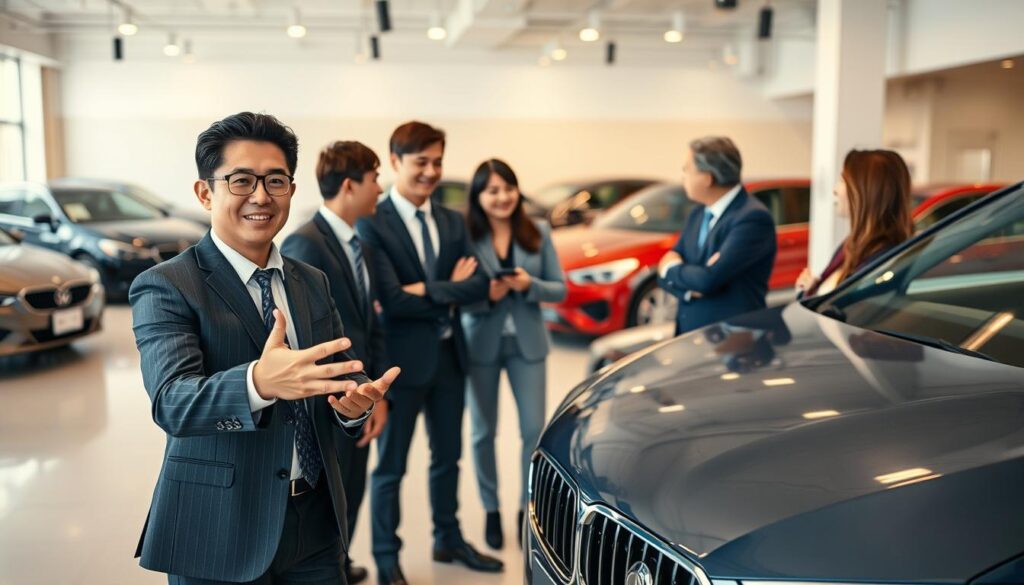 A dynamic team of young, Japanese-looking professionals in a modern, well-lit auto showroom. The foreground features a salesperson in a smart suit gesturing expressively, engaging with a potential customer. In the middle ground, other sales staff discuss vehicle features with attentive clients. The background showcases a range of gleaming, high-end cars displayed in an airy, minimalist setting. Soft, warm lighting creates an inviting atmosphere, conveying the skills and expertise of the car dealership team.