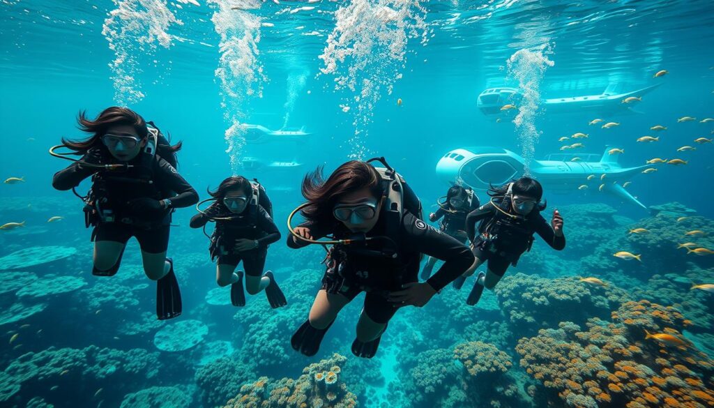 A dynamic underwater scene showcasing the future of the diving industry. In the foreground, a group of young Japanese divers, their black hair and realistic features, move gracefully through the azure waters, equipped with state-of-the-art gear. In the middle ground, a diverse array of marine life, from vibrant coral reefs to schools of colorful fish, creating a mesmerizing aquatic tableau. The background depicts a futuristic diving hub, with sleek, advanced research facilities and autonomous underwater vehicles, hinting at the technological advancements that will shape the industry's tomorrow. The scene is bathed in a warm, natural light, conveying a sense of wonder and discovery, as the divers explore the boundless potential of the underwater realm.