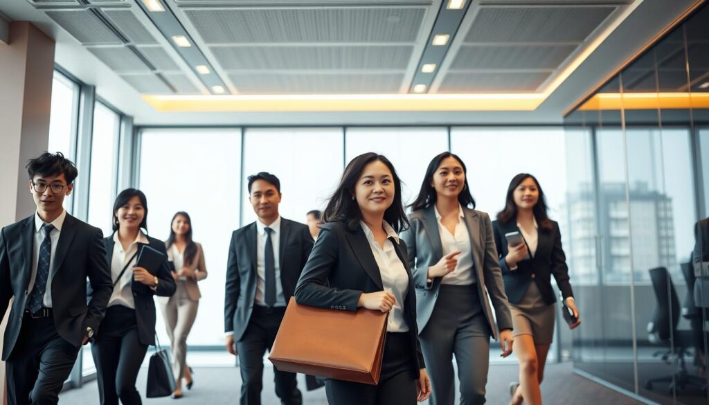 A dynamic, well-dressed group of young Japanese professionals in a modern corporate office setting. The scene depicts their purposeful strides, focused expressions, and confident posture as they navigate the career landscape post-transition to a prestigious global corporation. Warm, directional lighting accentuates their polished appearances and the sleek, minimalist decor. A sense of determination and ambition permeates the frame, capturing the essence of a strategic career advancement journey.