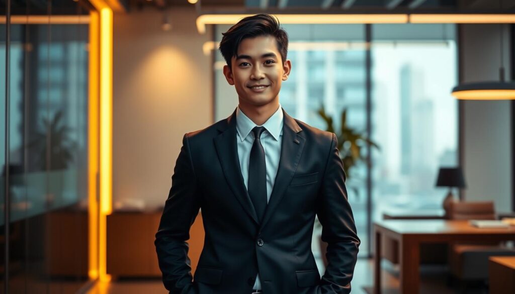 A dynamic, young Japanese-looking professional standing confidently in a modern, sleek office setting. The person is dressed in a sharp business suit, exuding a global, ambitious presence. Warm, directional lighting illuminates the scene, creating a sense of determination and international success. The background is blurred, emphasizing the individual's focused gaze and poise. The image conveys the idea of a dedicated, globally-active fellow striving for excellence on the world stage.