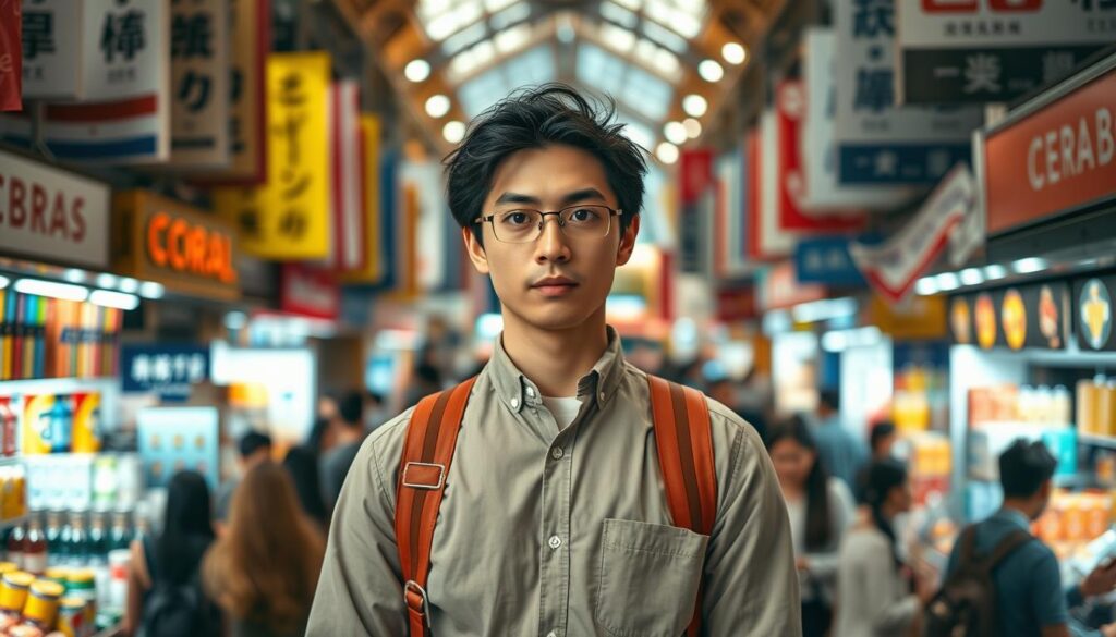 A dynamic, youthful Japanese creative director stands confidently in a bustling global market, surrounded by a vibrant array of international products and diverse clientele. Warm, natural lighting illuminates the scene, casting a professional, high-end atmosphere. The director's sharp gaze and poised stance exude authority and vision, capturing the essence of their role in navigating the complex, ever-evolving world of global marketing and design. The frame is composed to showcase the director's commanding presence, while hinting at the myriad of opportunities and challenges inherent in their position.