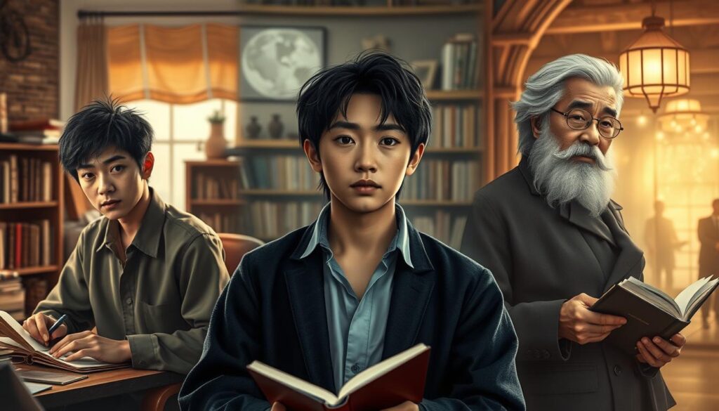 A fantastical career growth journey for a young Japanese-looking fantasy author, captured in a realistic photographic style. The scene depicts the author at three key stages - as a novice writer starting out, an established mid-career author, and a renowned veteran with countless books published. The lighting is soft and warm, highlighting the author's focused expression and creative passion at each phase. The background transitions from a cozy home office, to a bustling writing retreat, to an elegant literary event, mirroring the expanding scope of the author's success. An aura of determination, imagination, and literary mastery permeates the image, embodying the rewarding career path of a dedicated fantasy storyteller.