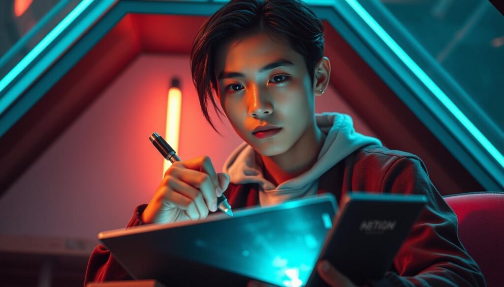 A fantastical digital-age author sits pensive, their fingers poised over a sleek, futuristic writing device. The warm glow of a holographic display illuminates their focused expression, hinting at the imaginative worlds they craft. Ambient neon lights and a minimalist, tech-savvy backdrop evoke a sense of innovation and creative vision. The subject's youthful, Asian-inspired features convey a blend of modern sensibilities and timeless storytelling prowess. This scene captures the essence of the fantasy writer's role in the digital era - blending traditional artistry with cutting-edge technology to breathe life into captivating new narratives.
