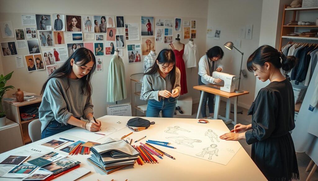 A fashion design studio with young Japanese-looking models. The foreground shows two models in casual, fashionable outfits sketching designs on a large drawing table, surrounded by fabric swatches, colored pencils, and fashion magazines. In the middle ground, a designer is standing at a sewing machine, meticulously stitching a garment. The background depicts a mood board with inspirational images, color palettes, and hand-drawn sketches pinned to the wall. Soft, natural lighting illuminates the scene, creating a warm, creative atmosphere. The overall composition conveys the collaborative, iterative nature of the fashion design process.