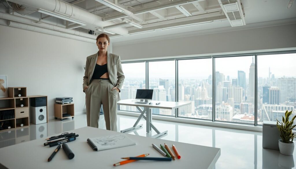 A fashion designer at the height of their career, standing confidently in a modern, well-lit studio. They are dressed in a stylish, minimalist outfit, their expression conveying a sense of determination and focus. In the foreground, a sketchpad and various design tools are neatly arranged, hinting at the creative process. The middle ground features a sleek, high-tech workstation, while the background showcases a panoramic view of a bustling city skyline, symbolizing the designer's ambition and success. Soft, directional lighting illuminates the scene, creating a sense of professionalism and sophistication. The overall atmosphere exudes a blend of creativity, dedication, and the promise of continued growth and achievement.