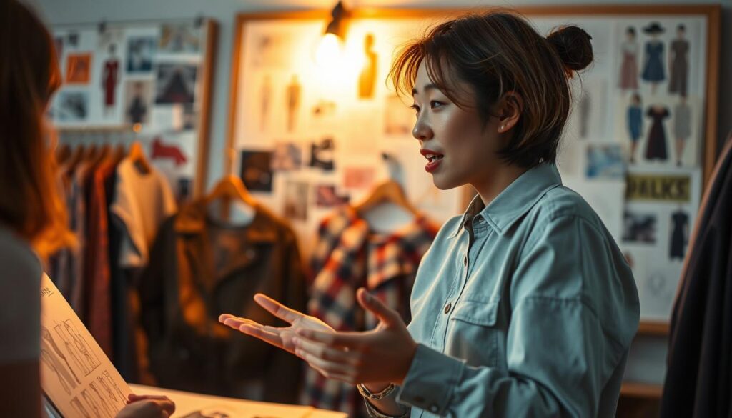 A fashion designer engrossed in animated discussion, surrounded by sketches and fabric swatches. Warm studio lighting accentuates the designer's focused expression, conveying the importance of communication in their craft. In the background, a mood board showcases a diverse array of inspirations, reflecting the designer's creative process. The scene radiates an atmosphere of collaborative ideation, with the designer's youthful, Japanese-inspired features adding a sense of authenticity. Captured with a shallow depth of field, the image emphasizes the designer's centrality to the creative workflow.