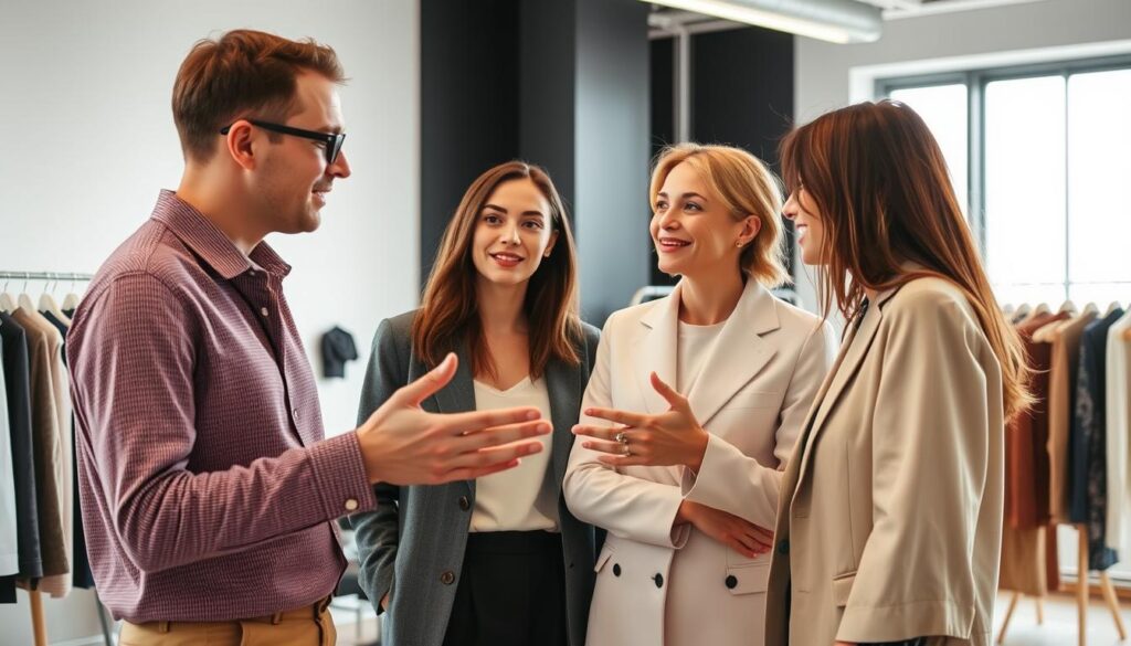A fashion designer gesturing animatedly, engaged in conversation with two colleagues. The scene is set in a sleek, modern studio with minimalist decor and natural lighting filtering in through large windows. The designers, dressed in stylish yet professional attire, lean in towards each other, their expressions conveying thoughtfulness and active listening. The atmosphere is one of collaborative exchange, highlighting the importance of strong communication skills in the fashion industry.