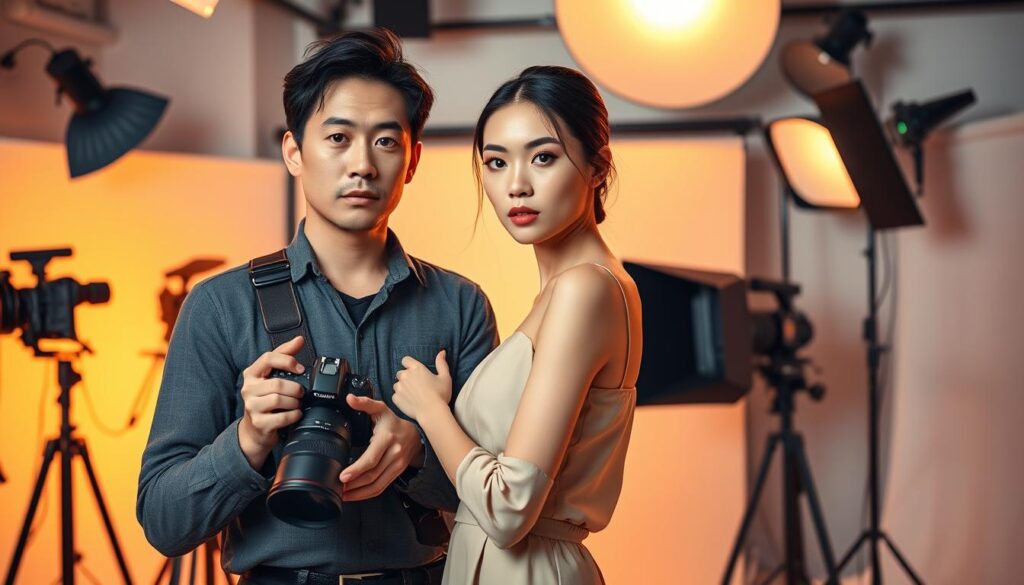 A fashion photographer standing confidently, camera in hand, surrounded by a stylish and vibrant studio setting. Warm, directional lighting illuminates the model's elegant pose, their youthful Japanese features accentuated by professional makeup and hair styling. In the background, a mix of high-end camera equipment, reflectors, and a minimalist backdrop create an atmosphere of professionalism and creativity. The photographer's gaze is focused, their body language exuding a sense of authority and an eye for the perfect shot, capturing the essence of a successful fashion photography business strategy.