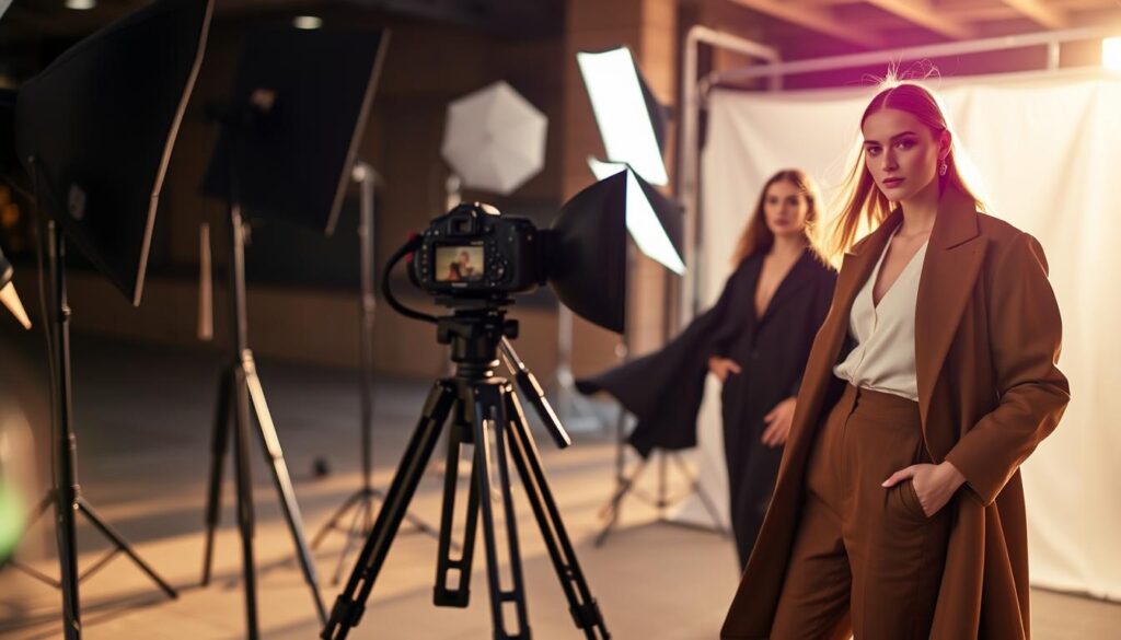 A fashion photography session on location, with two models posing in chic outfits under the warm glow of soft, diffused lighting. The foreground features the models, their expressions and body language conveying a sense of movement and elegance. The middle ground showcases the photographer's setup, including a camera mounted on a tripod, softboxes, and reflectors, creating an atmosphere of a professional, well-orchestrated shoot. The background subtly blurs into an urban setting, hinting at the dynamic environment in which the fashion photography process takes place. The overall mood is one of refined sophistication and artistic intent, capturing the essence of the fashion photography craft.