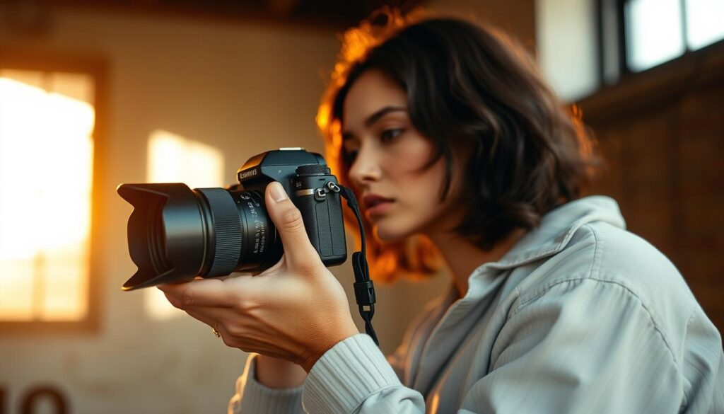 A fashionable photographer captures a pensive model posing against a backdrop of warm, natural lighting. The model's contemplative expression and relaxed body language convey a sense of balance and tranquility. The camera, a sleek mirrorless model, is held with a gentle, deliberate grip, reflecting the photographer's thoughtful approach. The scene exudes a serene, contemplative atmosphere, with a focus on the photographer's creative process and their ability to maintain a healthy work-life balance.