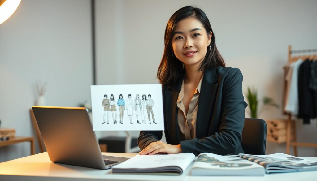 A fashionable young Japanese woman, dressed in a stylish blazer and blouse, sits at a modern workspace, surrounded by fabric swatches, fashion magazines, and a laptop displaying design sketches. The lighting is soft and warm, creating a professional yet creative atmosphere. In the background, a minimalist studio setting with neutral-toned walls and natural elements like potted plants adds to the serene and inspiring ambiance. The model's expression conveys a focused, thoughtful demeanor, embodying the skills and responsibilities of a skilled fashion stylist.