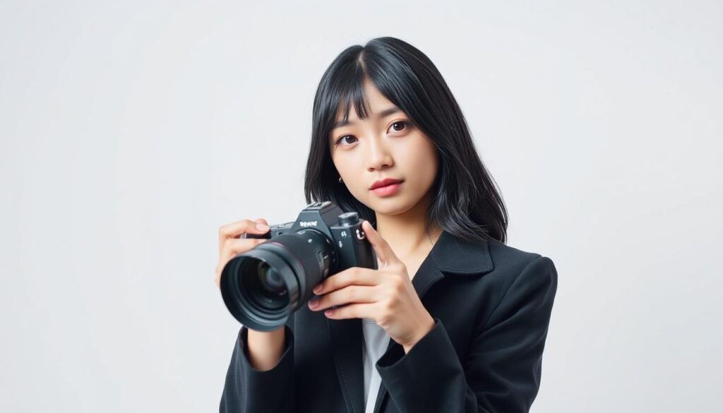 A fashionable young Japanese woman, her black hair framing a serene expression, stands before a plain white backdrop. She holds a professional camera, her gaze focused and determined, as she prepares to capture the essence of her craft. Soft, natural lighting bathes the scene, creating a sense of calm and introspection. The image conveys the thoughtful consideration and dedication required to launch a successful career as a fashion photographer, echoing the article's exploration of the necessary skills and mindset for this profession.