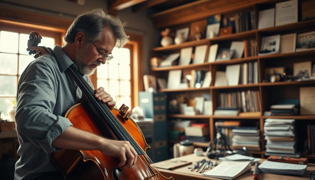 A finely crafted cellist's workshop, bathed in warm, natural light filtering through large windows. In the foreground, a seasoned cellist meticulously inspects and maintains their instrument, their skilled hands caressing the delicate wood and strings. The middle ground showcases an array of specialized tools and materials, neatly organized for easy access. The background reveals shelves lined with carefully curated sheet music, recordings, and other musical paraphernalia, reflecting the cellist's dedication to their craft. The overall atmosphere exudes a sense of reverence, as the cellist's focus and attention to detail hint at the precise care required to keep a cello in peak performance condition.