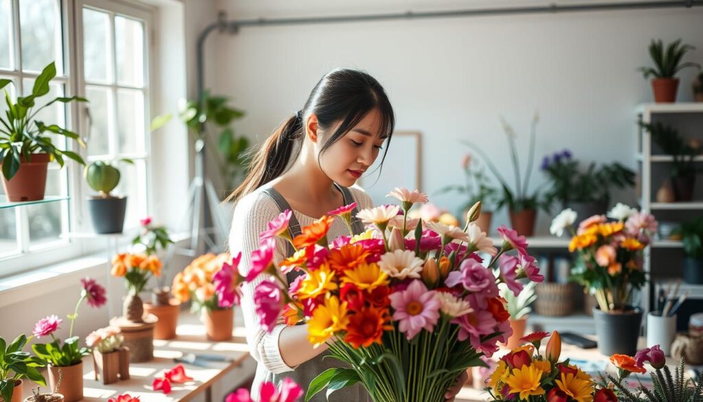 A flower designer's daily routine - a well-lit studio with potted plants, fresh blooms, and an assortment of pruning tools. A young Japanese woman carefully arranges vibrant petals, crafting a harmonious floral design. Afternoon sunlight filters through large windows, casting a warm glow on her focused expression as she meticulously selects and positions each stem. The studio's minimalist decor and clean lines provide a serene backdrop, allowing the brilliant colors and textures of the flowers to take center stage. An atmosphere of tranquil creativity permeates the scene, capturing the essence of a flower designer's artful and dedicated workday.