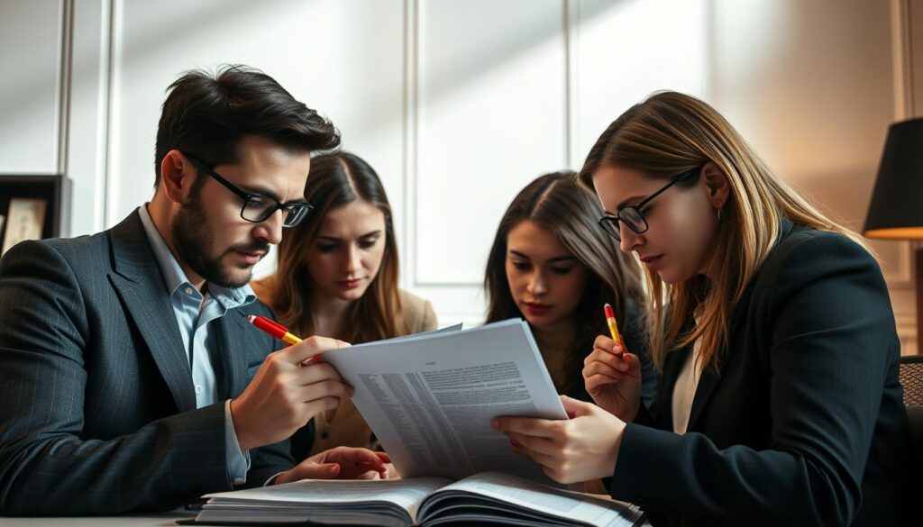 A focused and determined editorial team carefully examines a stack of documents, their brows furrowed in concentration. Soft, directional lighting casts subtle shadows, highlighting the intricate details of their work - red pens poised, notes scribbled in the margins, keen eyes scanning each page. The atmosphere is one of quiet intensity, as they navigate the professional challenges of ensuring flawless text, from grammar to factual accuracy. The setting, perhaps an elegant office or a cozy workspace, conveys the intellectual rigor and attention to detail inherent in the editor's craft.