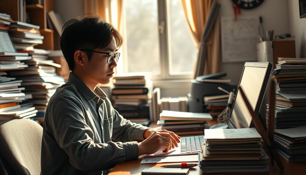 A focused and hardworking Japanese game writer sits at a well-lit desk, intently studying a laptop screen. They are surrounded by a cluttered workspace filled with books, papers, and stationery - the tools of their craft. Warm afternoon sunlight streams in through a nearby window, casting a soft glow over the scene. The writer's expression is one of deep concentration, reflecting their commitment to continuous learning and skill development. The overall atmosphere conveys a sense of dedication, creativity, and the pursuit of professional growth within the game writing field.