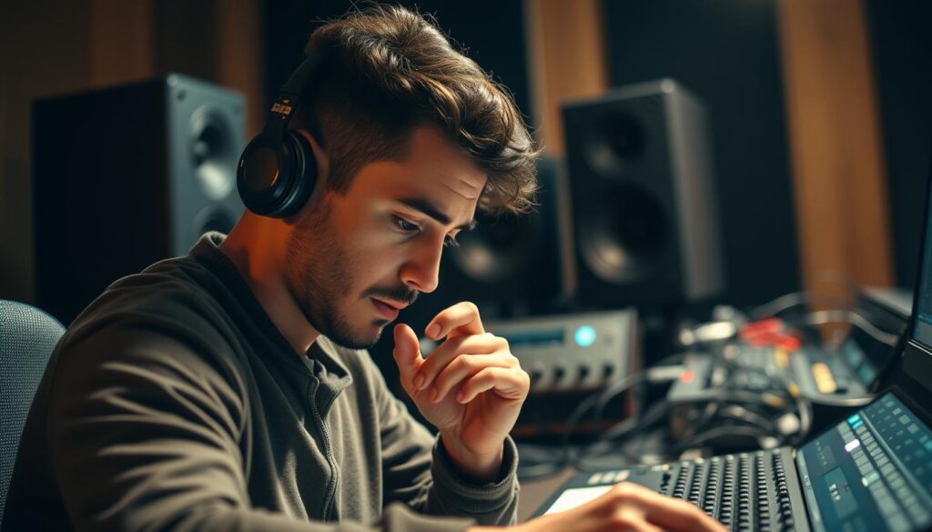 A focused, dedicated Mastering Engineer diligently upgrading their skills, immersed in the latest audio engineering techniques. The scene depicts a well-equipped studio workspace, with high-end audio equipment, cables, and a thoughtful expression on the engineer's face as they meticulously refine a mix. Soft, directional lighting casts a warm, contemplative atmosphere, accentuating the engineer's concentration. The background is blurred, emphasizing the foreground subject and their craft. The overall composition conveys the subject's expertise, discipline, and commitment to continual growth and mastery of their profession.
