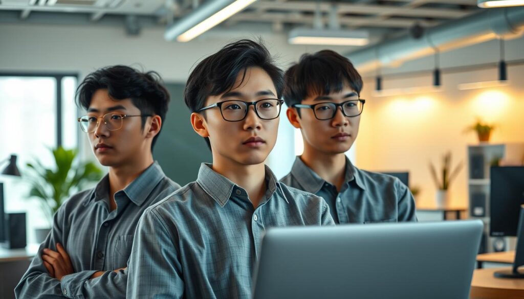 A focused group of young Japanese programmers standing in a modern office setting, their determined expressions conveying their technical expertise. The scene is lit by a combination of natural and artificial lighting, casting a warm glow that highlights the programmers' concentration as they work on their various coding projects. The background features a minimalist, clean design with sleek furniture and technology-inspired decor, emphasizing the programmers' cutting-edge skills and the high-tech nature of their profession.