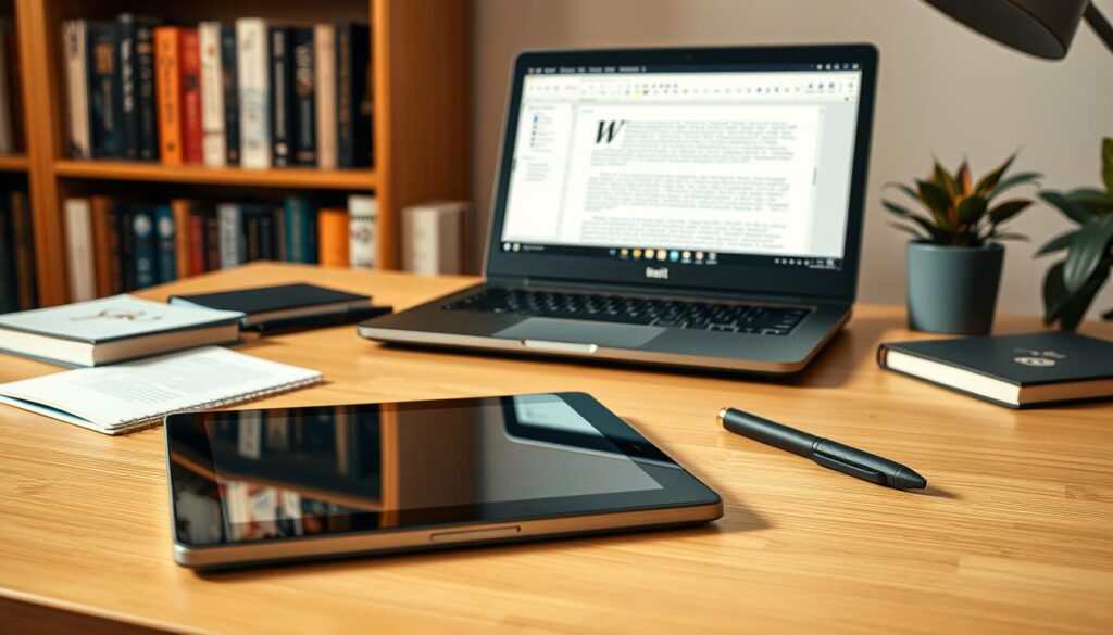 A focused, high-resolution image depicting an array of writing tools and software arranged on a minimalist wooden desk. In the foreground, a sleek tablet with digital stylus, a notebook, and an ergonomic pen. In the middle ground, a laptop computer displaying a text editor interface. In the background, a bookshelf filled with fantasy novels and a decorative plant. The scene is illuminated by warm, directional lighting that casts subtle shadows, creating a cozy, productive atmosphere. The overall composition conveys the essential elements of a fantasy author's digital writing toolkit.