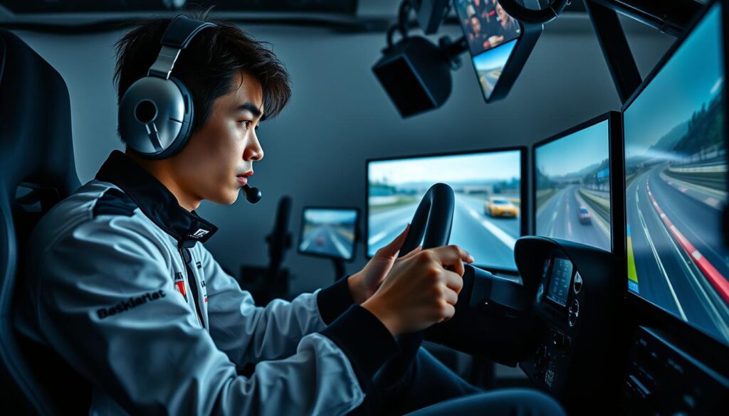 A focused racing driver intensely training in a state-of-the-art racing simulator, surrounded by various advanced equipment and monitors. The young Japanese man leans forward, hands gripping the steering wheel, eyes narrowed in concentration as he navigates a virtual racetrack with impressive skill and precision. Dramatic lighting casts dynamic shadows, heightening the sense of immersion and the driver's intense dedication to perfecting his craft. The minimalist, high-tech environment emphasizes the driver's commitment to the sport, showcasing the rigorous training required to compete at the highest levels of motorsports.