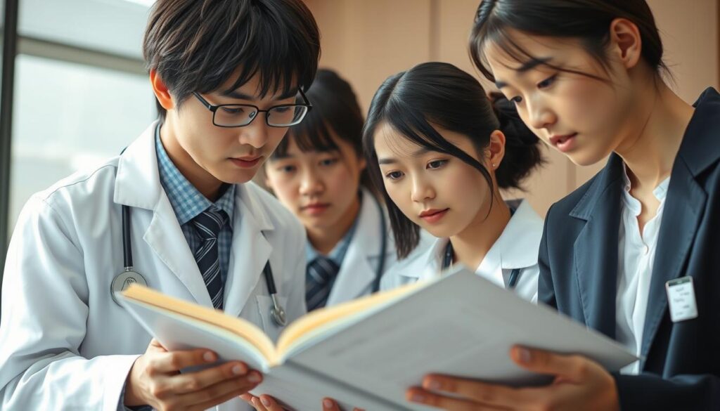 A focused study group of young Japanese medical students, dressed in professional attire, intently reviewing study materials for the national speech-language pathology examination. The scene is captured in a realistic photographic style, with soft natural lighting illuminating their faces and the textbooks they pore over. The students' expressions convey a sense of determination and diligence as they prepare for this important milestone in their careers. The background is blurred, keeping the viewer's attention on the dedicated study session at hand.