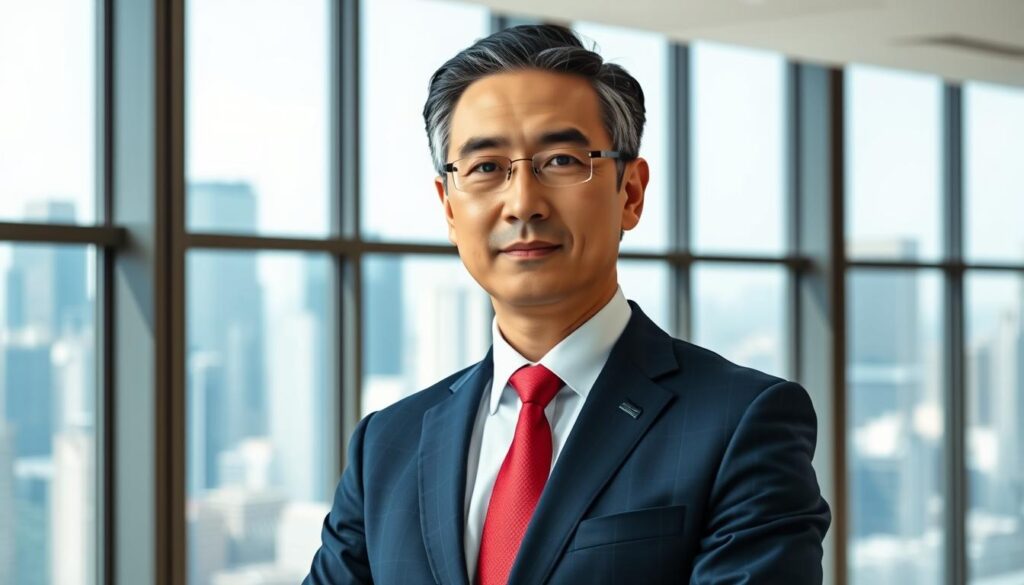 A formal Japanese business executive dressed in a well-fitted navy blue suit, white shirt, and red tie stands confidently in a spacious, modern office. The lighting is bright and natural, creating a professional and authoritative atmosphere. The executive's expression is serious yet approachable, conveying competence and leadership. The background features floor-to-ceiling windows overlooking a bustling city skyline, symbolizing the high-level responsibilities and decision-making power of a general manager's role. The composition emphasizes the executive's stature and presence, capturing the essence of a successful Japanese career professional.