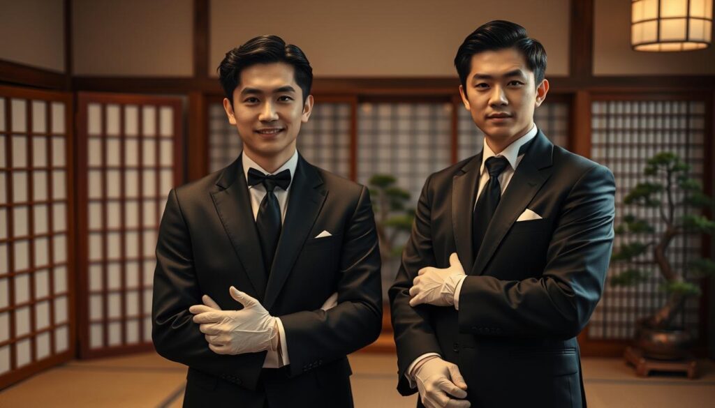 A formal and elegant Japanese butler's portrait, showcasing two young Japanese men in black suits and white gloves, standing in a traditional Japanese tatami room with shoji screens and bonsai trees in the background. Soft, warm lighting illuminates their faces, conveying a sense of professionalism and attentiveness. The scene captures the essence of the refined, service-oriented role of a Japanese butler, with attention to detail and traditional Japanese aesthetics.