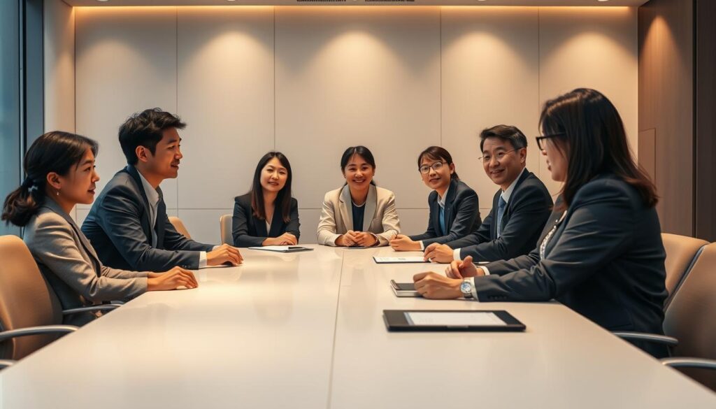 A formal business meeting with a focus on facilitator skills. A group of young Japanese-looking professionals sitting around a sleek, modern conference table, engaged in a collaborative discussion. Soft, warm lighting illuminates their faces, creating a sense of professionalism and focus. The scene conveys a polished, efficient atmosphere, showcasing the key skills of an effective facilitator: active listening, guiding the conversation, and fostering teamwork. The image should capture the essence of the facilitator's role in driving productive meetings and discussions.