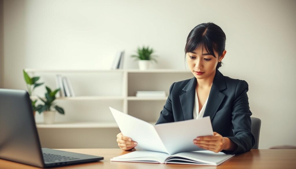 A formal, serene, and professional image showcasing the process of obtaining a bridal certification. Set in a modern, minimalist interior with soft, natural lighting, the frame captures a young Japanese woman in business attire sitting at a desk, intently studying course materials. In the background, a sleek, uncluttered bookshelf and potted plants create a sense of calm and focus. The woman's expression conveys determination and dedication as she pursues this specialized credential. The overall atmosphere evokes a atmosphere of diligence, expertise, and the pursuit of excellence in the wedding planning profession.